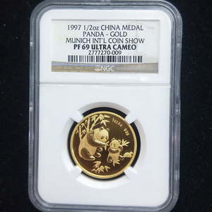 1997 panda Munich int'l coin show 1/2oz gold medal NGC69